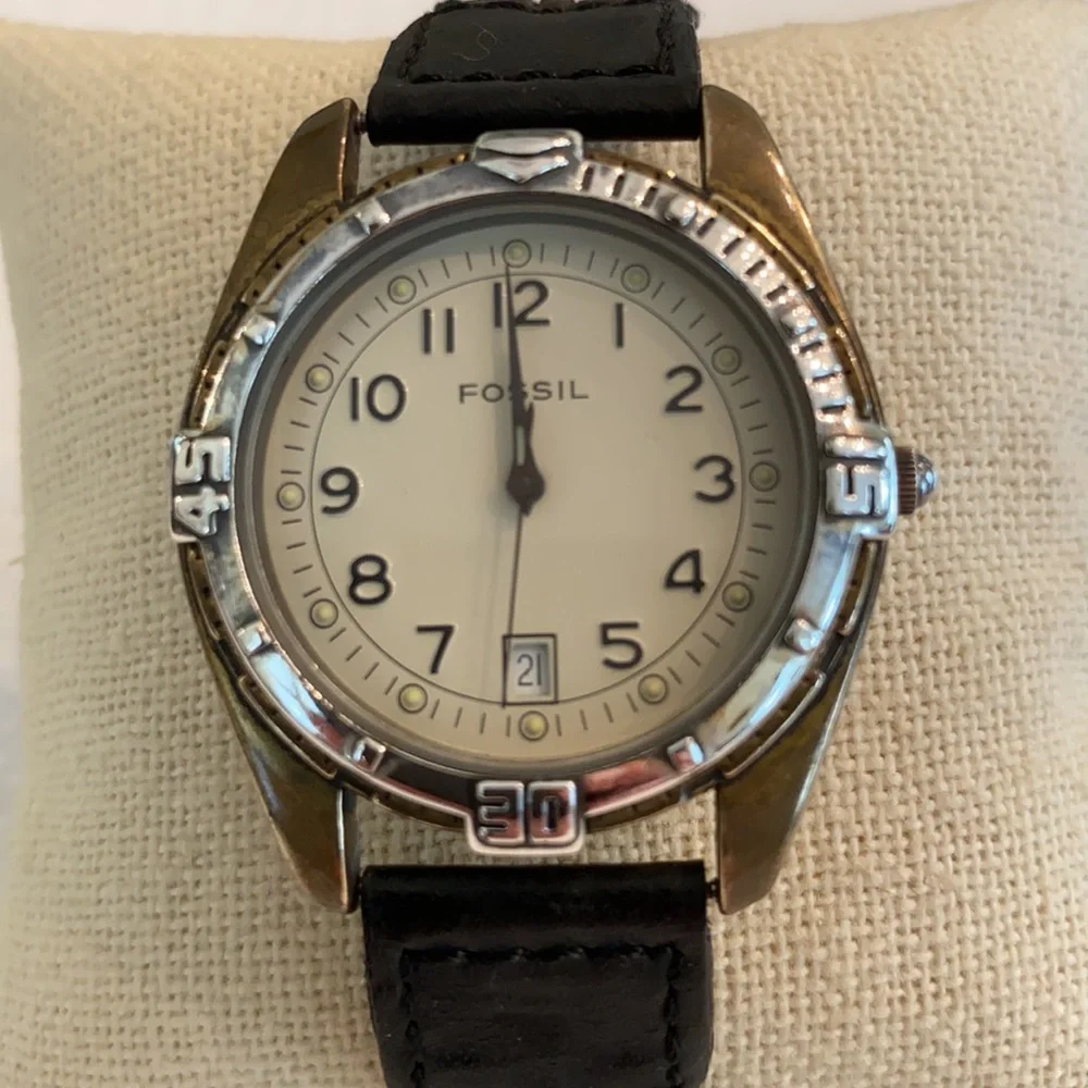 Fossil Black Silver Vintage Water Resistant Watch Original Woven Leather Strap